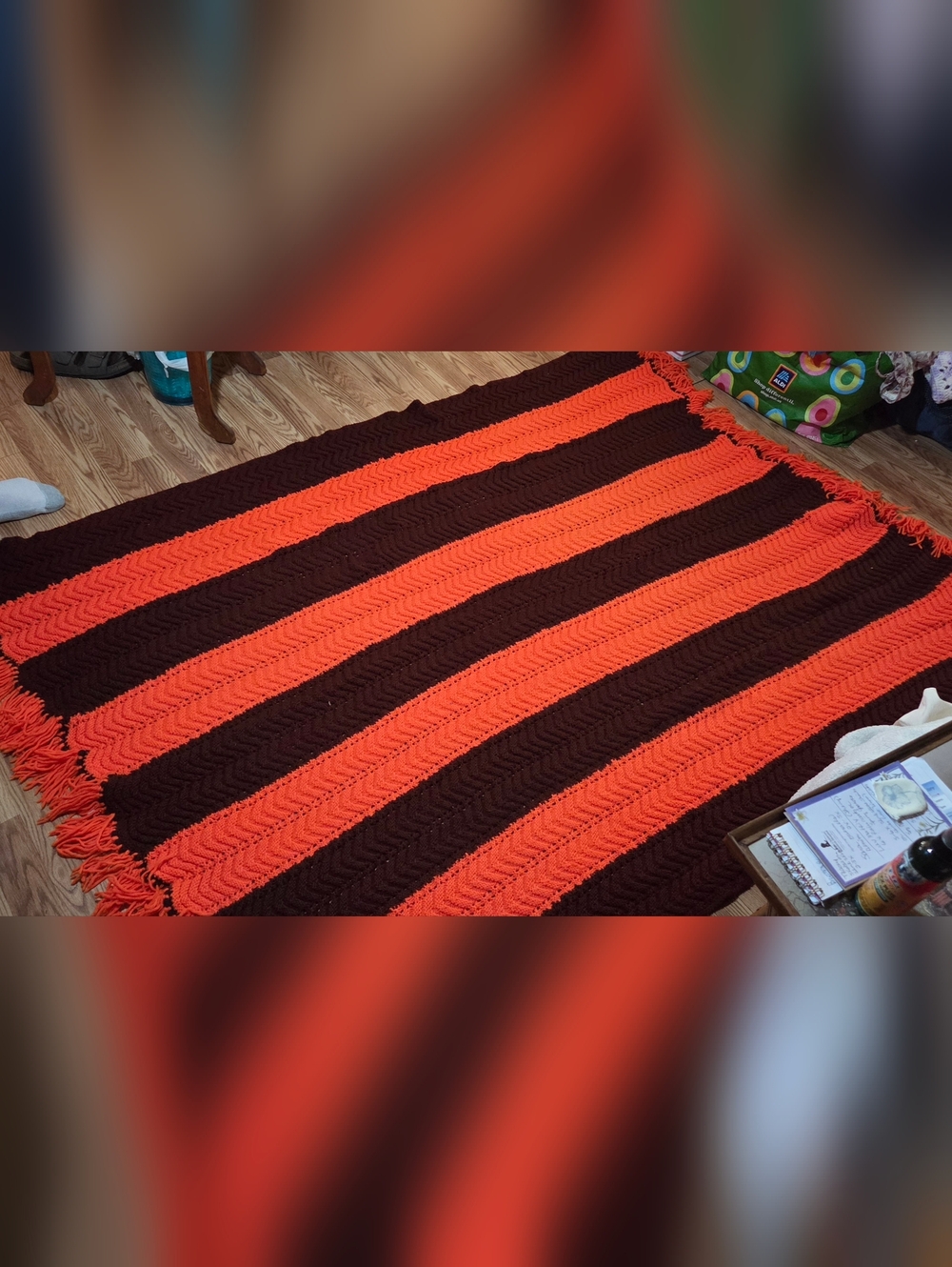 Handmade Stripe Crochet Afghan- Orange & Dark Brown 56" X 72"